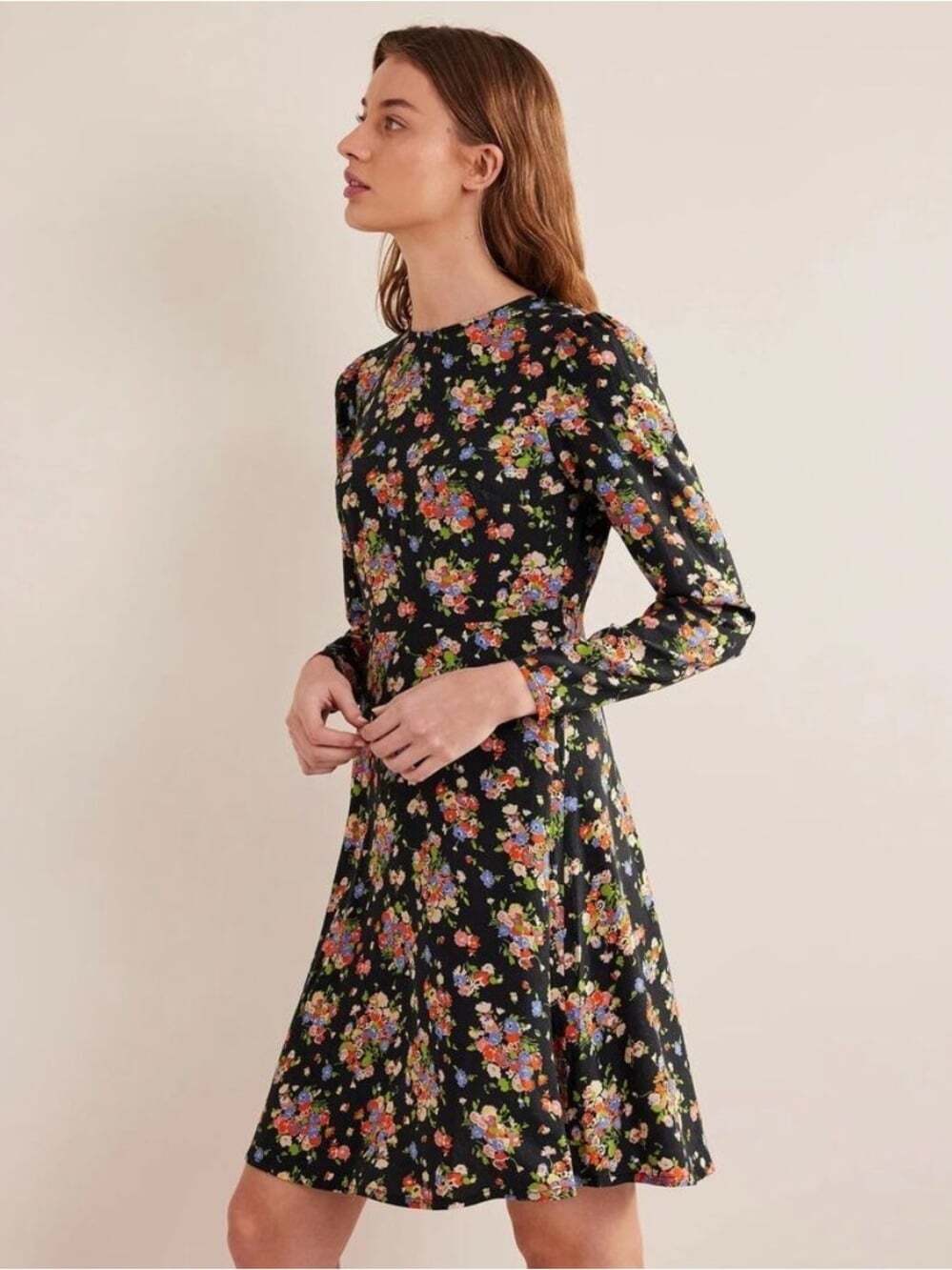 Boden Black Floral Long-Sleeve A-Line Mini Dress Feminine Comfy Dress Summer